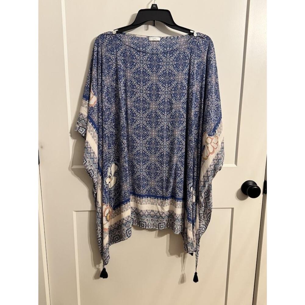 J Jill Kimono Blouse Cover Up Womens XL Blue Geometric Floral Tassel Boho Top